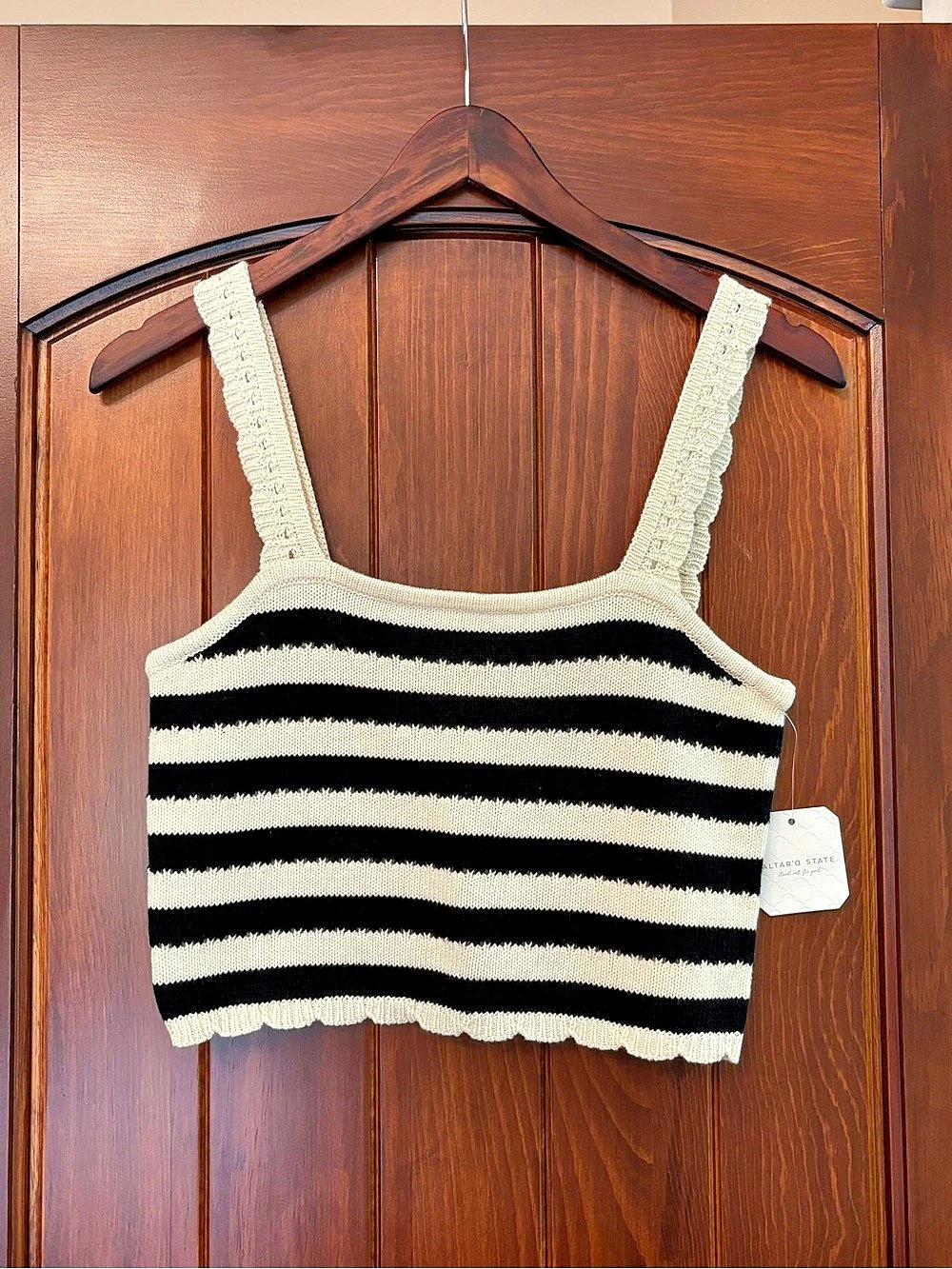Altar'd State Striped Knit Crop Tank in Black & Cream Size Medium NWT